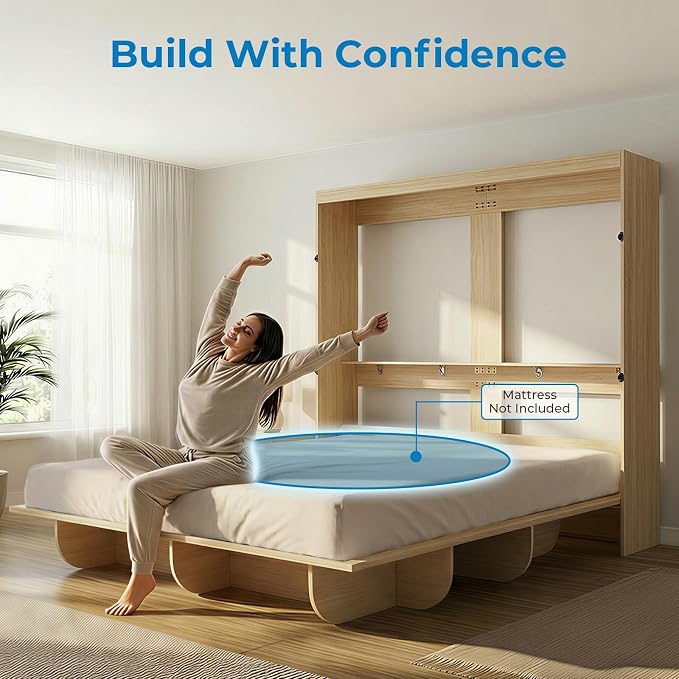 Mjkone Queen Size Wall Bed with Storage Shelf, Queen Wall Cabinet Murphy Beds with Bookshelf, 82" W Top Cabinet Bed Frame, Space-Saving Cabinets Beds for Bedroom/Guest Room/Studio/Office - Wood Color