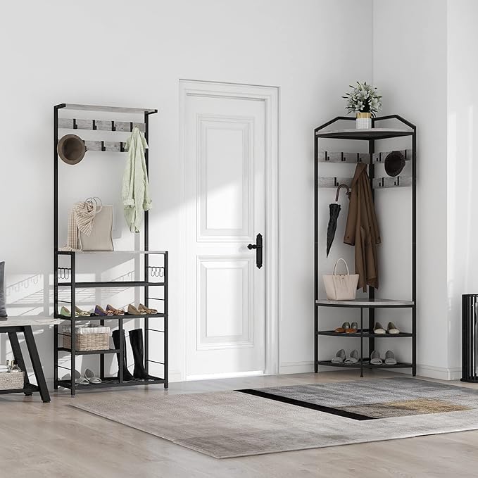 GiftGo Grey Corner Hall Tree with Shoe Bench Entryway Coat Rack with 10 Metal Movable Hooks Rustic Farmhouse Floorstanding Clothes Rack Shoes Shelf Organizer for Home Office Bedroom (Greige)