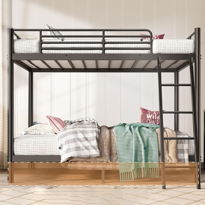 Bunk Bed Twin Over Twin with Safety Guardrail & Ladder,Space Saving Twin Bed Frames for Kids Teens and Adults,Heavy Duty Metal Bunk Bed for School Bedroom,No Box Spring Needed(Black)
