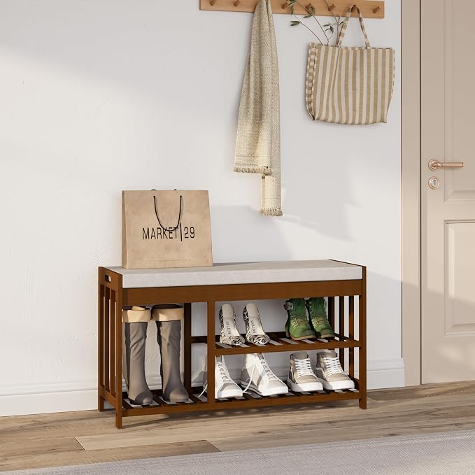 APRTAT 3-Tier Bamboo Shoe Rack Bench, Shoe Storage Organizer Bench, Entryway Benchs, Shoes Rack for Front Door Entrance, Entryway Bathroom Bedroom (Brown, Large)