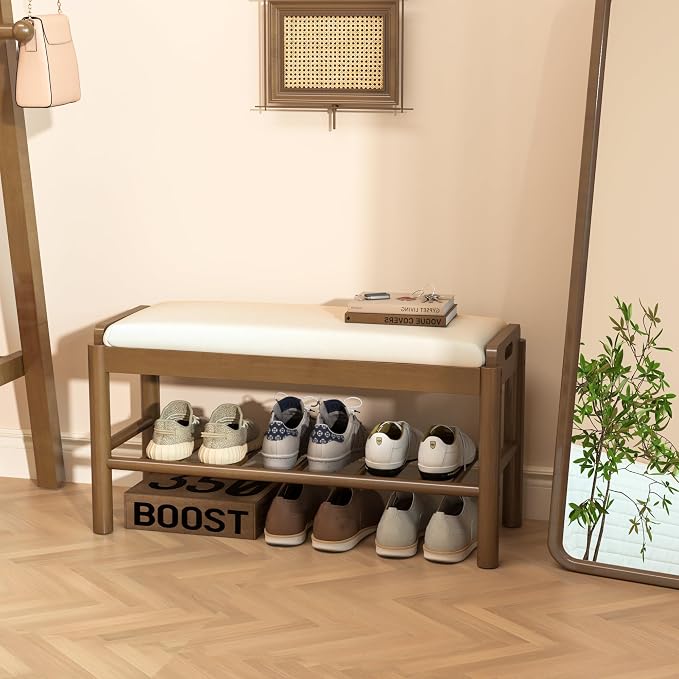 Entryway Shoe Storage Bench, 2-Tier Wood Shoe Rack with Cushion, Padded Seat Entryway Organizer with Shelf & Hidden Storage for Entry, Hallway, Living Room, Bedroom, Closet (Walnut, 31.5")