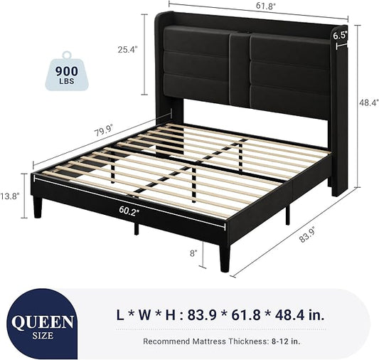 Allewie Queen Size Platform Bed Frame with Charging Station & Storage Headboard, Upholstered Velvet Wingback Design & USB Port, Strong Wooden Slats Support, No Box Spring Needed, Easy Assembly, Black