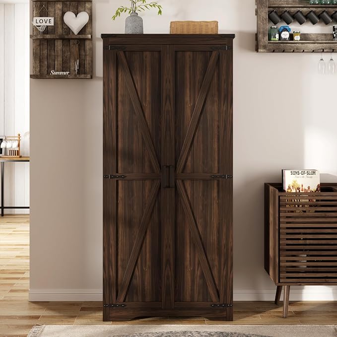 Farmhouse Storage Cabinet with Adjustable Shelves, Large Pantry Organize with 2 Barn Doors, Tall Freestanding Cabinet for Kitchen, Bathroom, Garage, Basement, Living, Utility Room, Rustic Brown