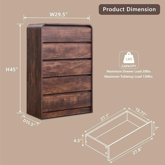 Aitjunz Modern 5 Drawers Dresser for Bedroom, 45" Tall Dressers & Chests of Drawers w/Curved Profile Design, Wood Mid Century Vertical Dresser w/Natural Texture for Bedroom, Living Room, Brown