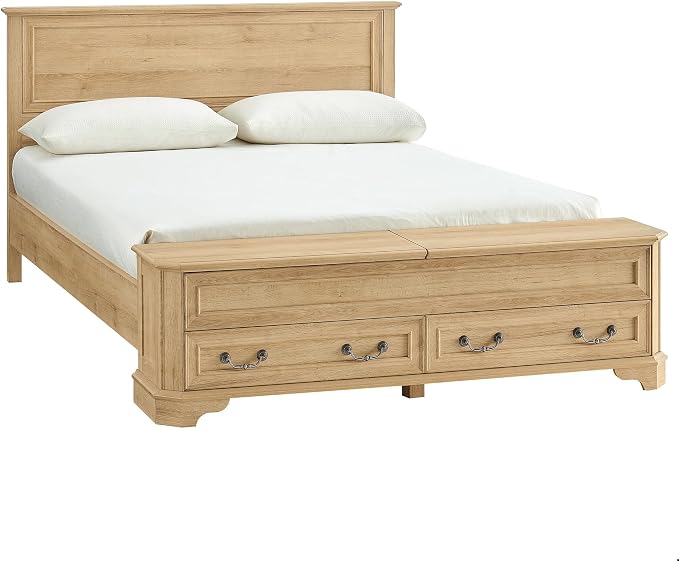 T4TREAM Farmhouse Queen Bed with Headboard and Storage Bench, Rustic Wood Platform Bed with 64" Storage Chest w/ 4 Large Drawer (Natural Oak)