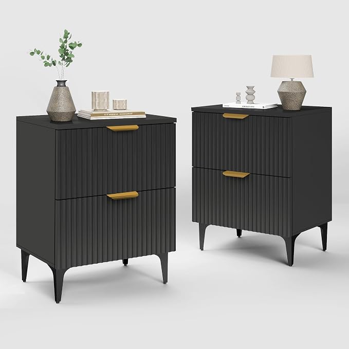 SUNWAVE Black Fluted Nightstand Set of 2, Modern Night Stands with 2 Drawers, Bedside Table for Twin/Full/Queen Bed, End Table with Robot-Friendly Metal Legs for Bedroom, Golden Handles