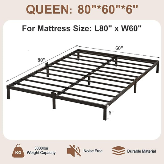6 Inch Low Profile Queen Size Bed Frame, Noise-Free Heavy Duty Metal Platform with Mattress Stopper, No Box Spring Needed, Easy Assembly Steel Support, Black