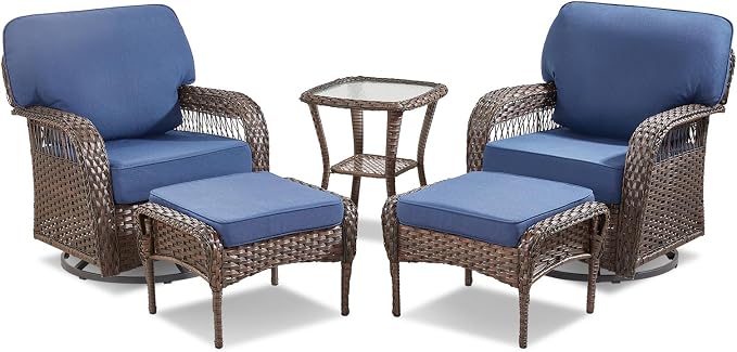 Belord Wicker Swivel Rocker Patio Chairs with Ottoman, All-Weather Wicker Outdoor Furniture Set, 5 Piece Patio Conversation Furniture Set,Blue
