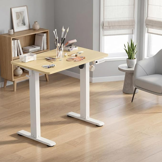 Claiks Electric Standing Desk, 32 x 19 Inch Small Height Adjustable Sit Stand Desk for Home Office, Computer Desk with Memory Presets, Cable Management & Headphone Hooks, 156 lbs Capacity, Nature