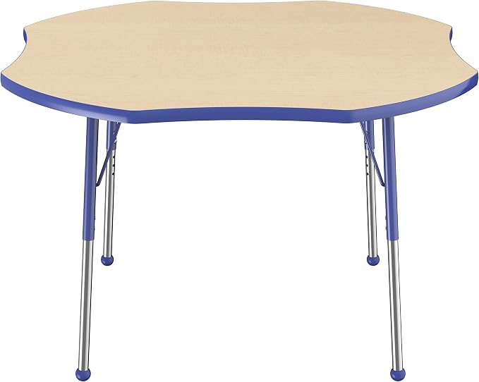 FDP Clover Activity School and Office Table (48 x 48 inch), Standard Legs with Ball Glides for Collaborative Seating Environments, Adjustable Height 19-30 inches - Maple Top and Blue Edge