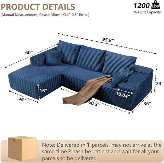 Sectional Couches for Living Room Cloud Couch Sofa with L-Shape Couch in a Box Upholstered Boneless Couchs Modern Modular Sectional Couch with Chaise (Blue,B-3 Seater-Left-Facing Chaise-96 inch)