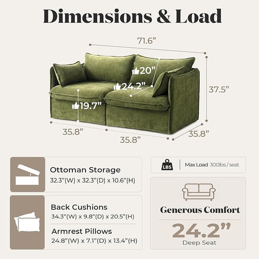 Cloud Loveseat Sofa, Oversized Deep Seat, Luxe Chenille | Fully Removable Washable Covers, Memory Foam Seat Cushions, Premium Fabric