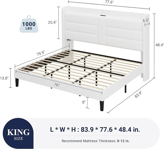 Allewie King Size Platform Bed Frame with Charging Station & Storage Headboard, Upholstered Velvet Wingback Design & USB Port, Strong Wooden Slats Support, No Box Spring Needed, Easy Assembly, White