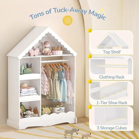 Curipeer Dollhouse Kids Dress Up Storage with Full-Length Mirror & Touch Activated Light, Open Hanging Kids Wardrobe Closet, Toddler Dress up Rack, Armoire Costume Organizer for Playroom, White