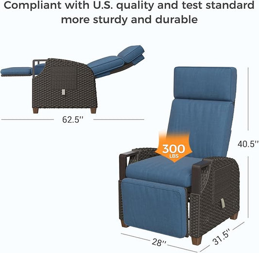 Grand patio Outdoor Recliner Air Pump 150° Lay Flat Reclining Chair with Independent Adjustable Back and Footrest Removable Olefin Cushion Flip-Up Table Wicker Peacock Blue 2PCS