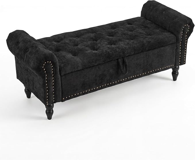 Furniliving 51” End of Bed Storage Bench, Bedroom Bench with Button-Tufted, Upholstered Storage Ottoman Benches Window Bench with Storage, Chenille Bench for Living Room, Entryway, Black