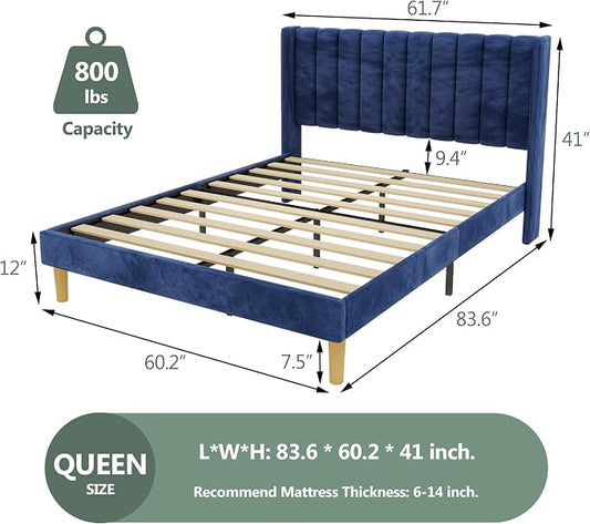 alazyhome Platform Bed Frame Queen Size with Upholstered Headboard, Solid Wood Slats Support, No Box Spring Needed, Noise Free, Easy Assembly, Modern Velvet Bed, Blue