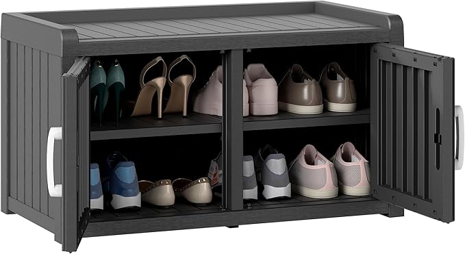 2-Tier Storage Bench, Waterproof UV-Resistant Outdoor Shoe Storage Cabinet with 2 Doors & Adjustable Shelves for Indoor Outdoor Entryway, Hallway, Living Room (Raven Black)