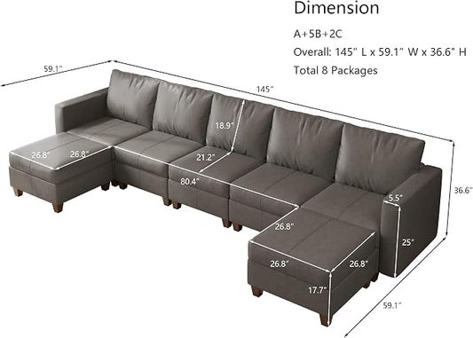 EASE MOOSE Faux Leather Sectional, Modular Sectional Sofa with Storage, Faux Leather Modular U Shaped Couches for Living Room, Grey