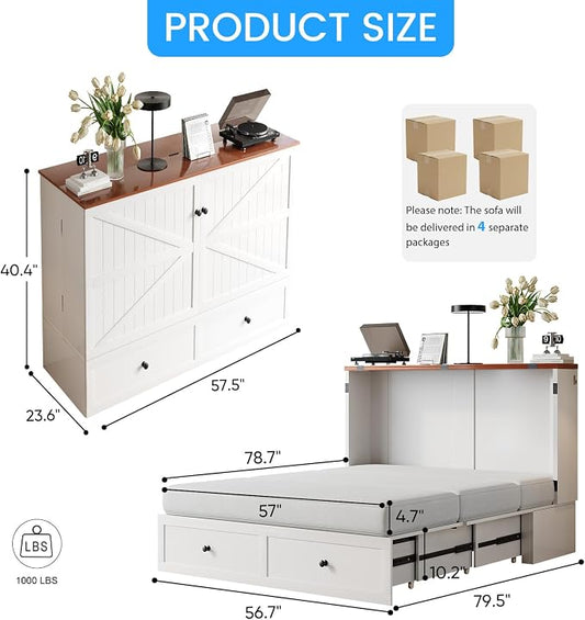 PUREMIND Murphy Bed Full with Mattress Included, Farmhouse Frame Cabinet Beds Chest with Charging Station & Storage Drawers, Convertible Hideaway Cabinet Bed for Guest Room, White