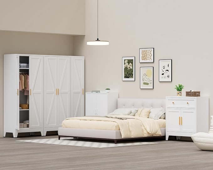 COFaR 71 Farmhouse Metal Wardrobe Closet with Hanging Rod, 2 Barn Doors, Adjustable Shelves, Steel Armoire with Drawer for Home, Bedroom White