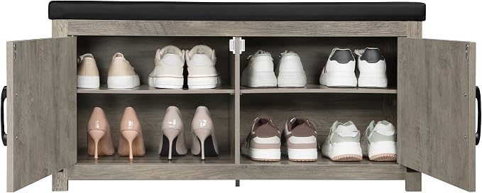 Hzuaneri Shoe Storage Bench, 2 Tier Shoe Bench with Padded Seat Cushion & 2 Barn Doors, Entryway Bench with Adjustable Shelf, Farmhouse Shoe Cabinet for Living Room, Bedroom, Greige SB26605BK