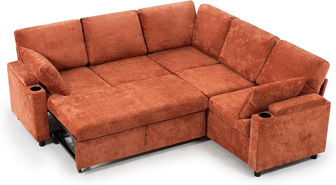 85" Chenille Sectional Sofa w/Pull Out Bed & Storage Space, Orange | Upholstery L Shaped Couch w/Cup Holders, Modern Corner Sofa w/USB Charging Port & Throw Pillow for Living Room