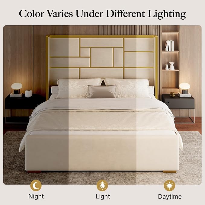 King Size Bed Frame with 55.12" Tall Headboard, Modern Luxury Velvet Upholstered Platform Bed with Gold Trim, Wide Wingback Design, Noise-Free, Easy Assembly, No Box Spring Needed, Beige