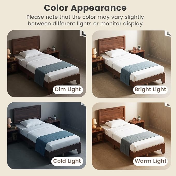 KOMFOTT Twin Size Bed Frame, Mid-Century Modern Platform Bed with Headboard, Wooden Slat Support Mattress Foundation, Under-Bed Storage Space, No Box Spring Needed (Walnut,Twin)