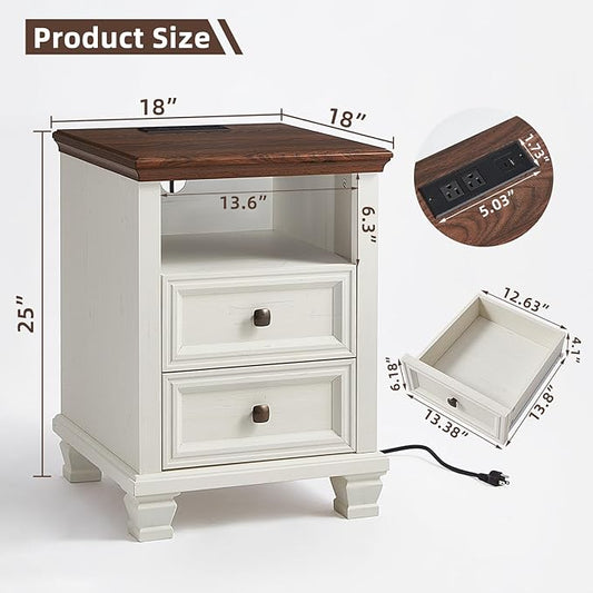 SAVOR LIFE Farmhouse Side Table with Charging Station, Antique Nightstands with Drawers, Bedside Table with Open Shelf for Bedroom, White