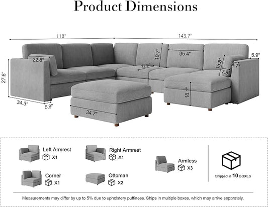 Oversized Modular Sectional Sofa U-Shaped Cloud Couches Gray | Large Deep Seat Couch for Living Room, 8 Seater Luxury Corner Sofa with Ottoman, Solid Wood Frame, Removable Washable Cover