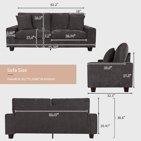 DOPEDIO Modern Loveseat Sofa for Living Room,Chenille Recliner, Removable Cover, Pocket Spring Cushions, Solid Wood Frame, Easy Assembly for Small Spaces (71.25inch,Dark Grey)