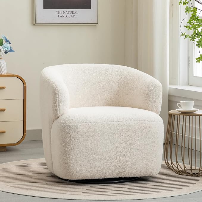 SOFTHION Swivel Accent Chair, Sherpa Teddy Barrel Chair for Living Room, Cozy Round Boucle Arm Chair, Metal Base for Club Nursery Bedroom, Beige Cream White