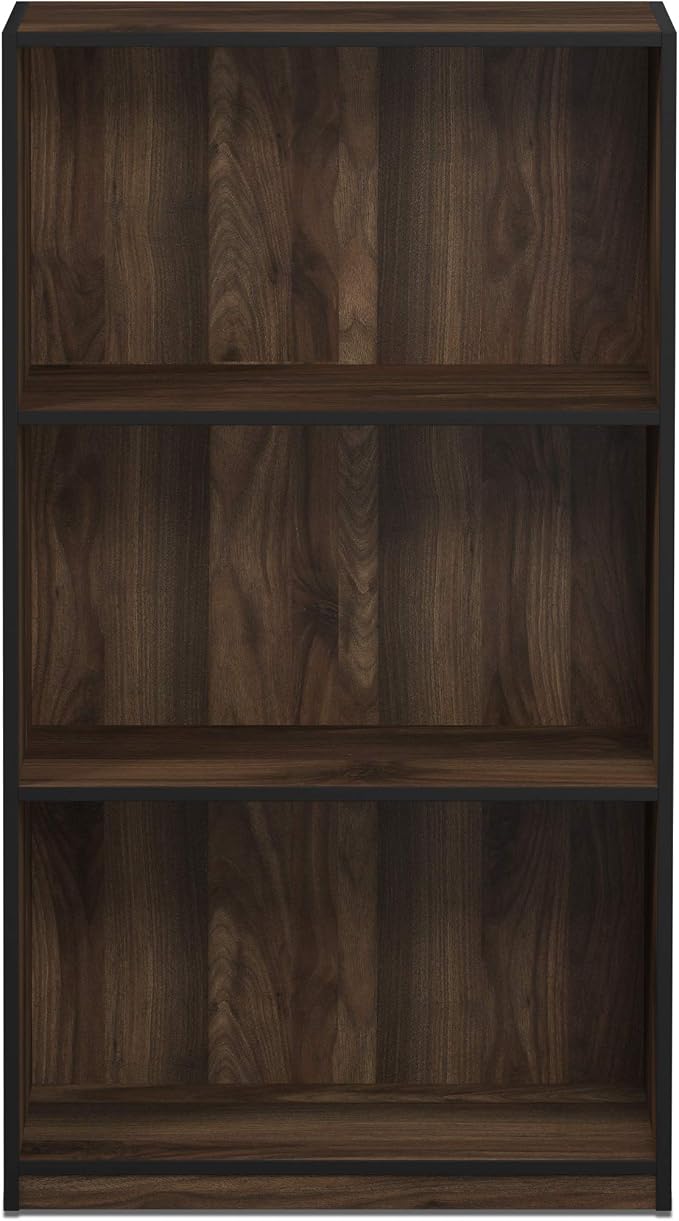 Furinno BASIC Book Shelf, 3-Tier Modern Bookshelf, Bookcase with Open Shelves, 9.3 x 21.8 x 39.5, for Living Room, Bedroom, Home Office, Columbia Walnut/Black