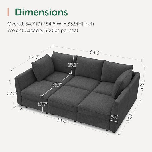 HONBAY Modular Sofa Sectional Sleeper Couch with Storage Modular Couch Convertible Couches for Living Room - Snowflake Velvet Grey