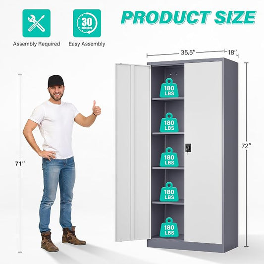 Wide & Deep Metal Storage Cabinet with Shelves,72 inch Tall Garage Storage Cabinet with Lock,Gray White Metal Cabinets with Locking Doors,Large Steel Lockable Cabinets for Home,Office,Shop,Garage