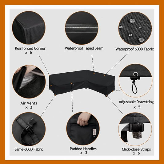 Heavy Duty Outdoor Sectional Sofa Cover, 120"X90" L-Shaped Waterproof 600D Patio Furniture Covers, Lawn Patio Couch Cover (Midnight Black, L-Shaped-Right Facing-120x90)