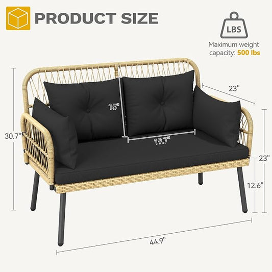 DWVO Outdoor Loveseat, Patio Wicker Furniture Set with Cushion & Adjustable Feet, Patio Couch for Garden, Balcony, and Porch, Black