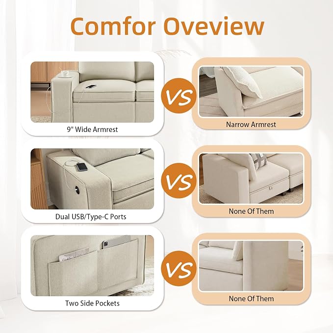 Waxberry 71" Chenille Loveseat Sofa Couch for Living Room with Seat Storage, Modern 2-Seater Deep Seat Sofa with Side Pockets & Type-C/USB Ports, Detachable Backrest for Office, Apartment (Beige)