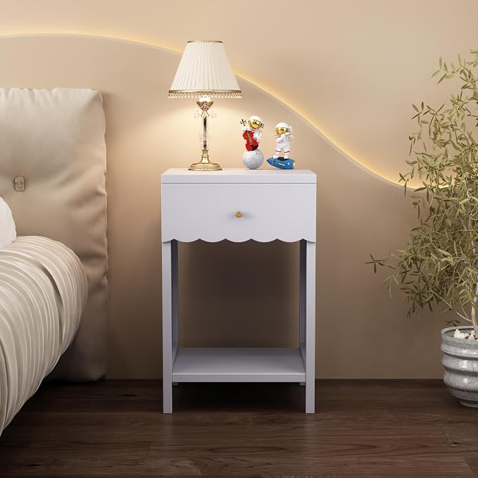Night Stand Nightstand with Drawer and Open Shelf, Cute Scalloped Edge Bedside Table for Girls Bedroom, Modern Wood End Table, Coquette Preppy Room Decor for Bedroom, Dorm