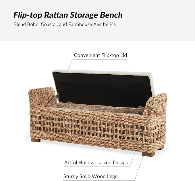HULALA HOME 56" Rattan Storage Bench, Boho Wicker End of Bed Bench, Natural | Water Hyacinth Frame, Hollow-Carved Design, Armrests and Round Pillows, for Bedroom Entryway Living Room