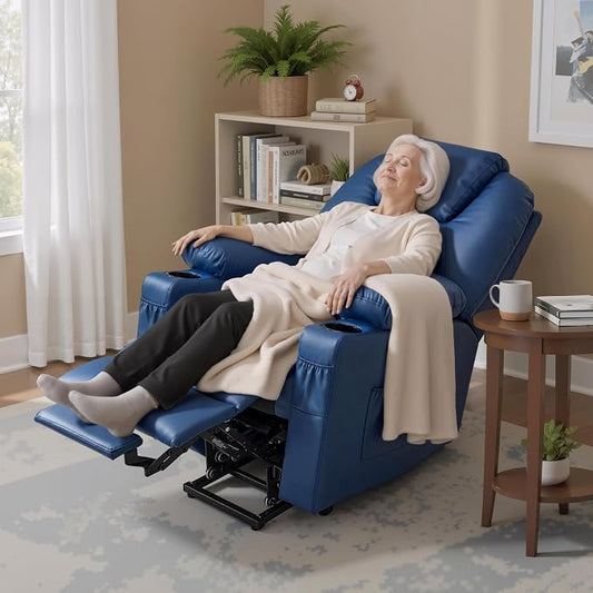 MCombo Power Lift Recliner Chair for Elderly, Lift Chair with Heat and Massage, FSC Certified, USB Ports, Cup Holders, Faux Leather 7141 (Blue, Small)