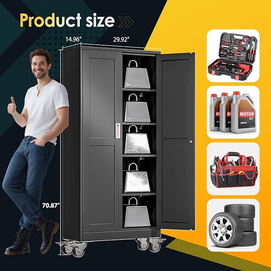 PAOFIN 71''H Tall Metal Garage Storage Cabinet with Wheels,Steel File Cabinets with 2 Doors and 4 Adjustable Shelves for Home Office, Warehouse, Required Assembly,Black