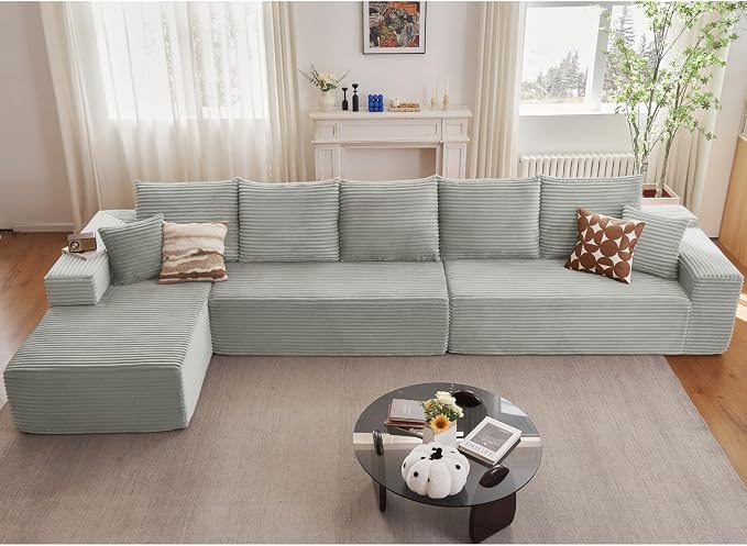 166.9" Cloud Sectional Couch with L-Shape Chaise, Modern Modular Comfy Sofa Chaise Longue, Upholstered Corduroy Couches Sleeper with Deep Seat for Living Room Bedroom, No Assembly Required, Grey