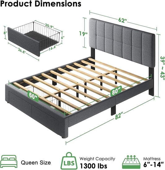 Marsail Queen Bed Frame with 2 Storage Drawers, Sturdy & Durable with 12 Support Legs, 1300 lbs Capacity, Solid Wooden Upholstered Adjustable Headboard for 6″–12″ Mattresses, Easy Assembly, Dark Gray