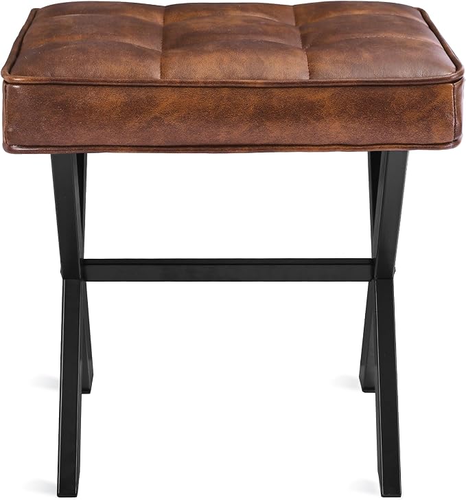LUE BONA Vanity Stool, Square Faux Leather Makeup Stool with Metal X Legs, Small Ottoman Stool Chair for Vanity, Modern Padded Vanity Seat Foot Rest Stool for Makeup Room, Living Room, Reddish Brown