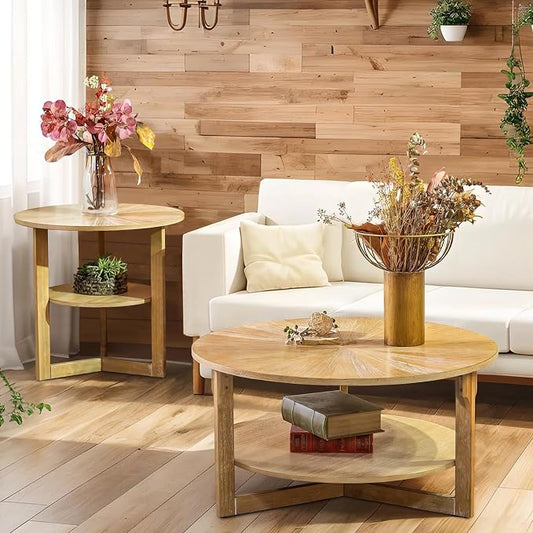 Round Coffee Table, 35" Circle Wood Coffee Table with Storage Shelf, 2 Tier Center Table for Living Room Apartment Home Furniture, Easy Assembly (Light Brown,35" Dx35 Wx18 H)