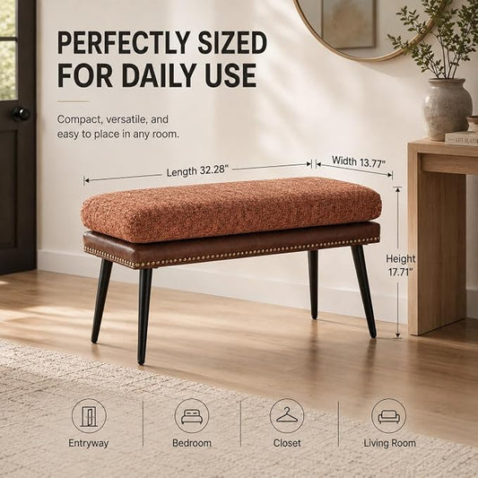 Forteek 32" Retro Upholstered Entryway Bench, Shoe Bench with Cushion | Leather & Fabric Padded Bench, End of Bed Bench for Bedroom, Dining Bench for Living Room, Storage Bench for Hallway & Foyer
