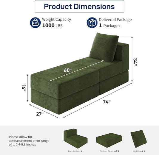 Living&Giving Cloud Sectional Couch for Living Room, Modular Boneless Couch with 1 Ottoman, Middle-seat Can Be Combined with Modular Sofa, Customizable Layout for Any Space, Green