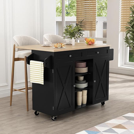 HLR Kitchen Island On Wheels, Black Rolling Kitchen Island Cart with Drop Leaf Countertop, Barn Door Kitchen Islands Table with Storage Cabinet and Tower Rack, Island Table for Kitchen